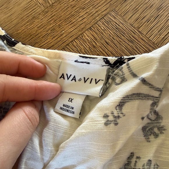 AVA & VIV Plus 1X Ivory Black Floral Tie Waist Dress Long Sleeve with Pockets - Picture 4 of 7